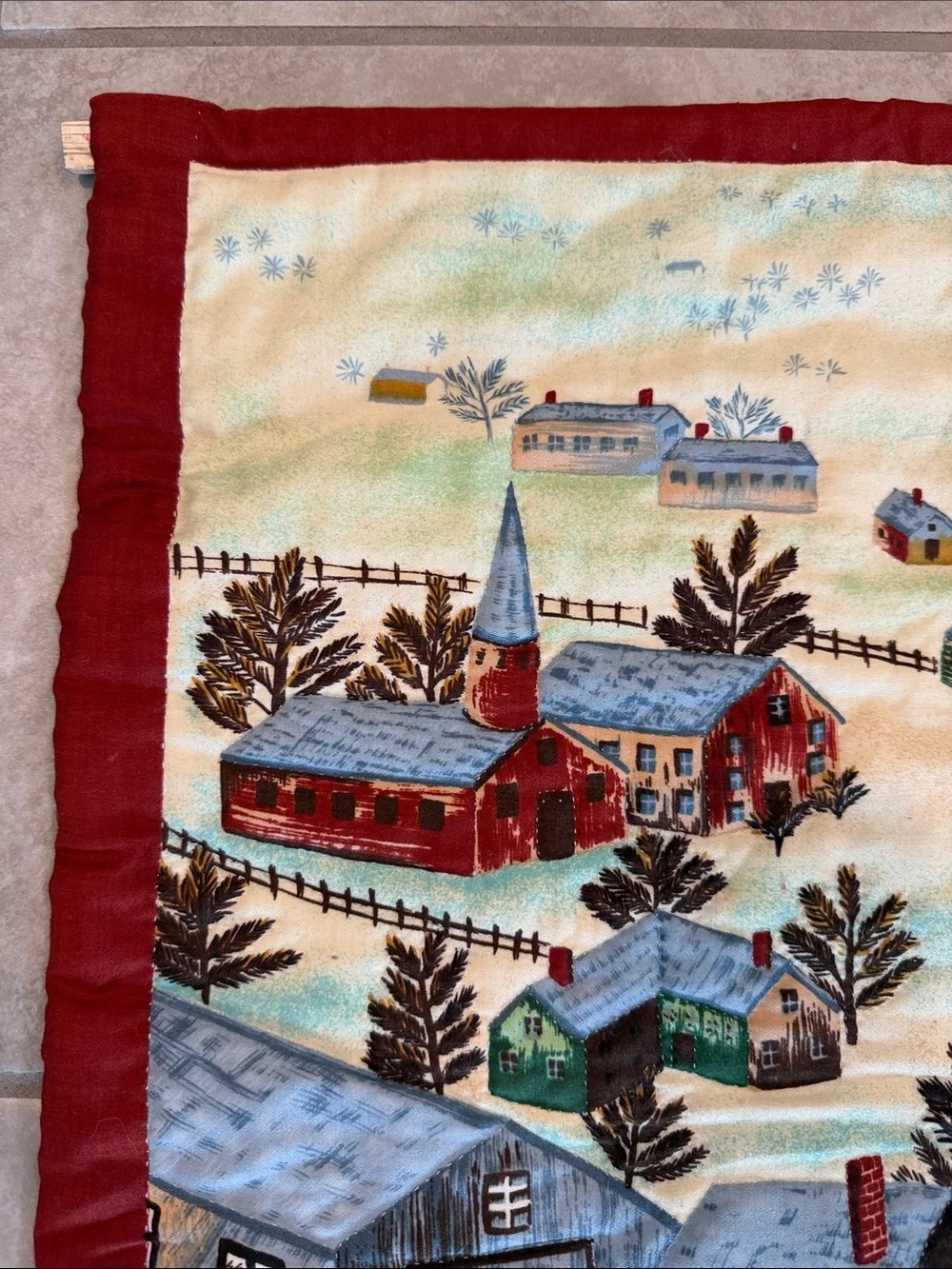 Vintage Americana Folk Art Fabric Wall Hanging Featuring A Winter Train Scene